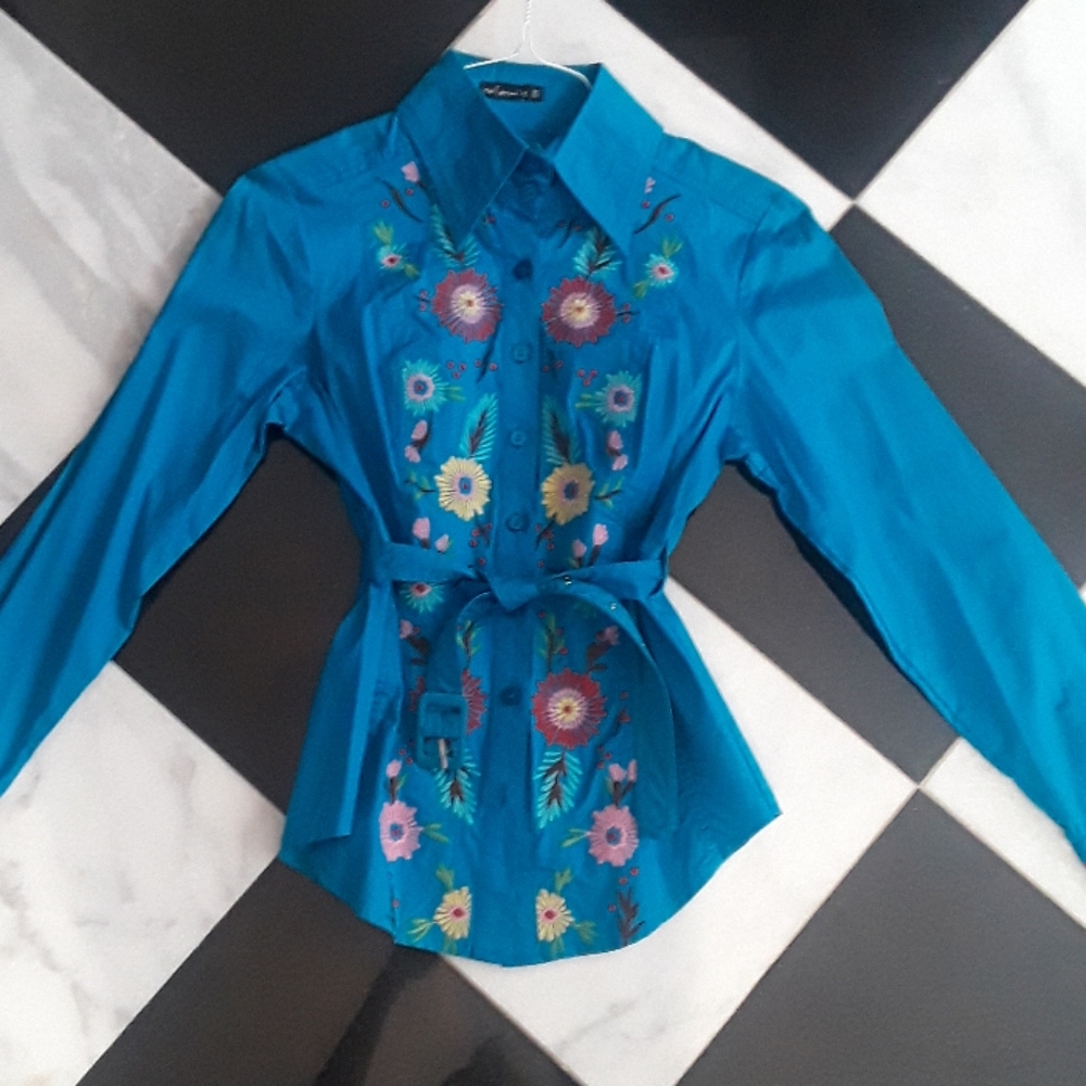 "solaris" Floral Design Turquoise Shirt